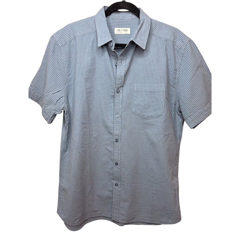Line of Trade Mens Large Blue Seersucker Striped‎ Short Sleeve Button Down Shirt